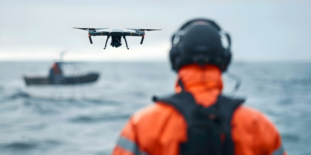 A person wearing an orange high-visibility jacket and helmet, flying a drone over the ocean for search and rescue purposes in the defense industry.