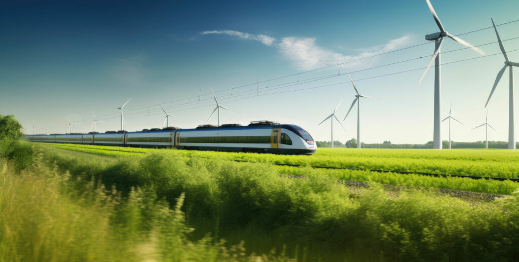A high-speed train passing through a green landscape surrounded by windmills.